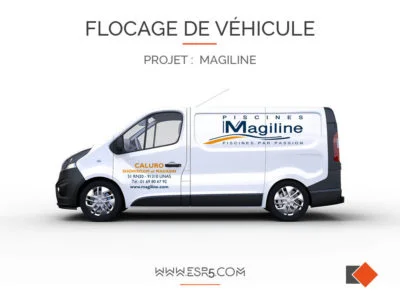 Flocage de vehicule Renault Trafic pour la société Magiline : conception, fabrication et pose sur site d'un marquage en lettrage découpé.