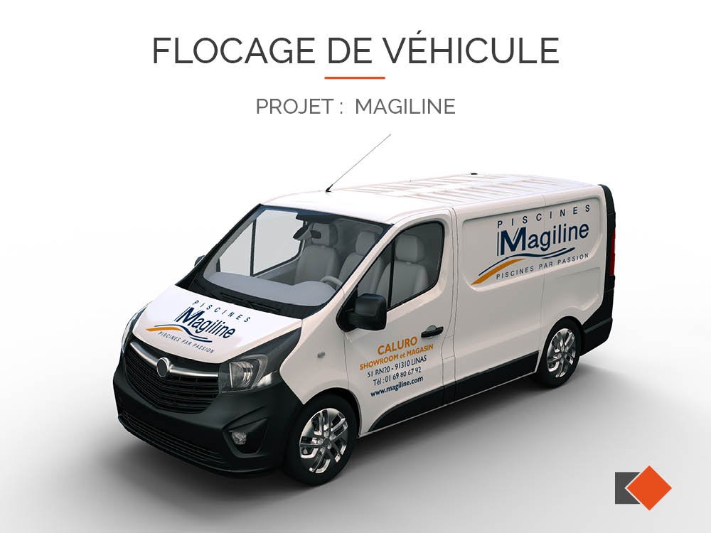 Conception, fabrication et pose d'un flocage véhicule en lettrage découpé sur film adhésif de marque 3M pour la société Magiline sur Renault Trafic 3.